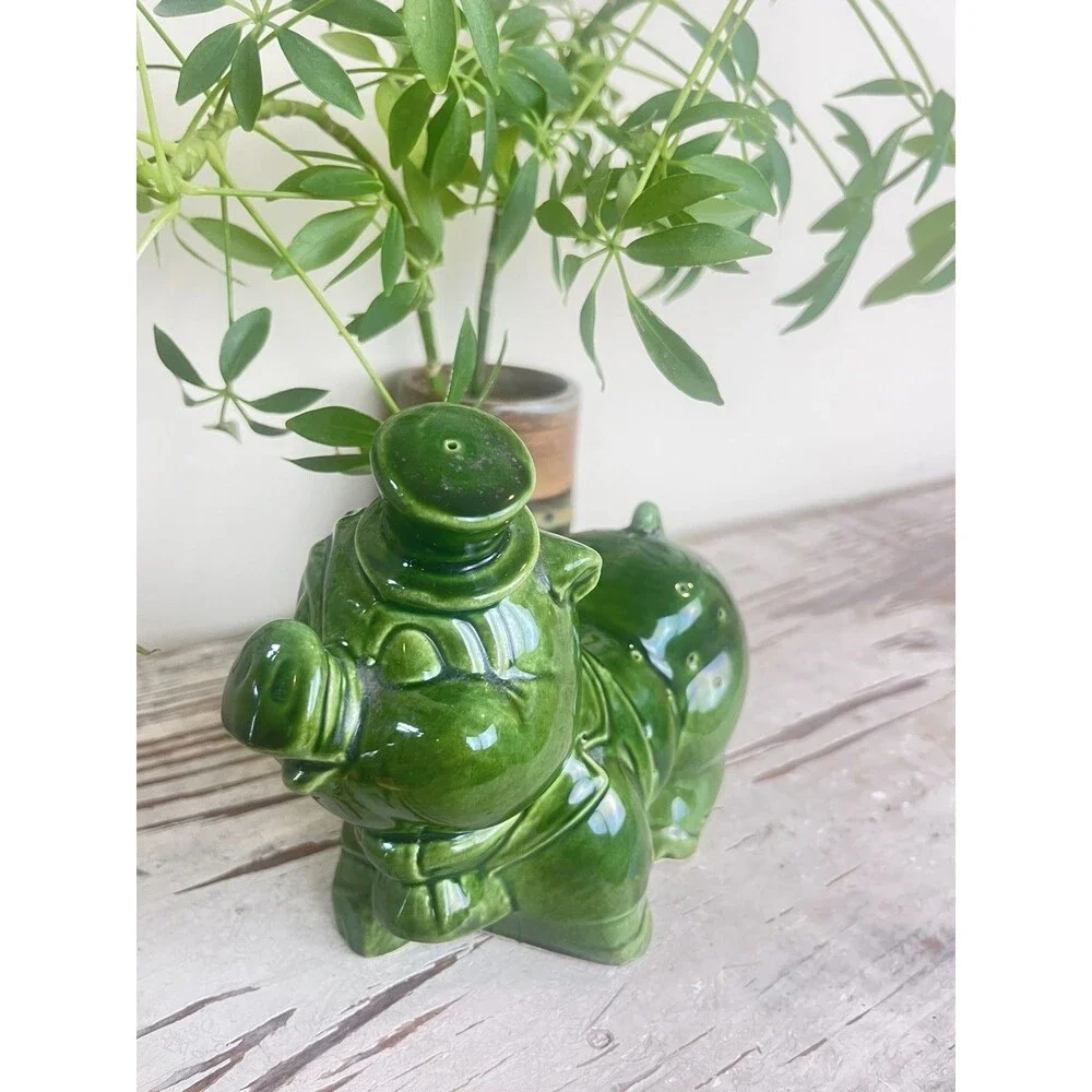 Vintage Rare MCM Green Glazed Piggy Toothpick Appetizer Stick Pin Holder Figure